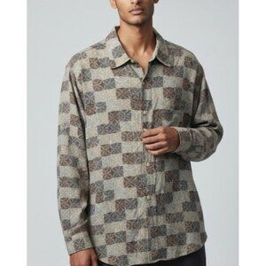 Caribbean Mens XL Button-Up Long Sleeve Shirt Beige Blue Brown Geometric Pattern